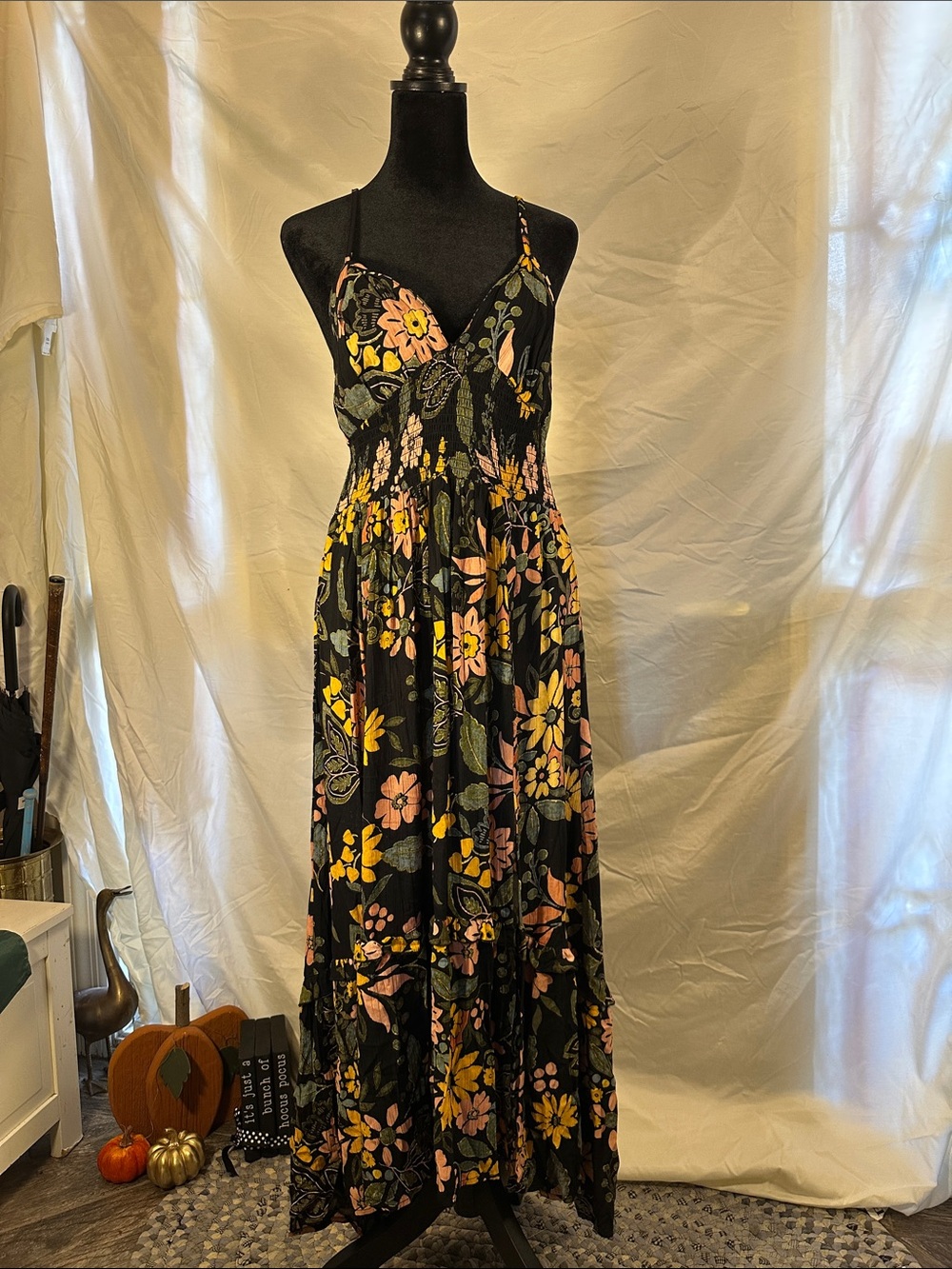 Angie Black Maxi Dress with Pink & Yellow Floral Print